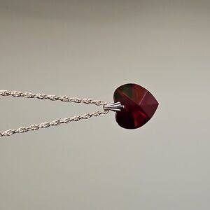 Deep Red Crystal Heart Necklace Faceted on Both Sides Silvertone Chain Incl NWOT
